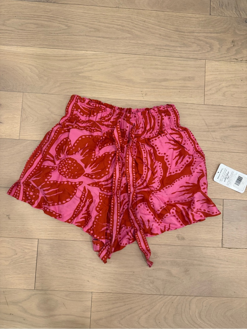 High-Waist Pink & Red Printed Drawstring Shorts
